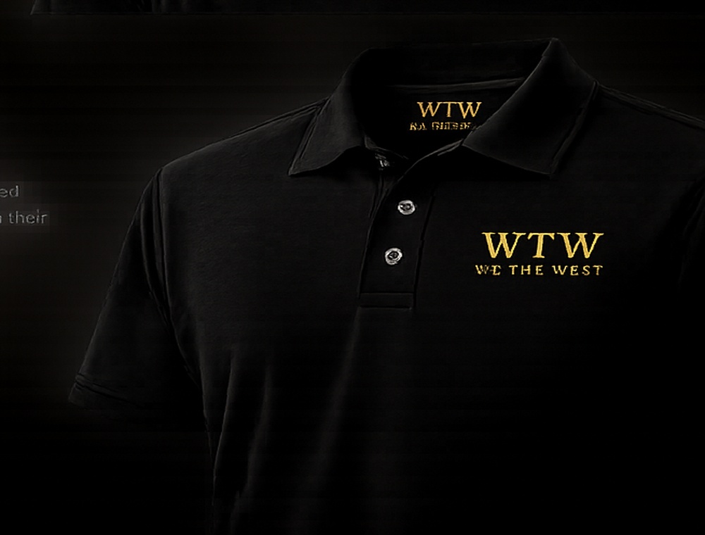 Black WTW We The West polo with gold classical serif embroidery